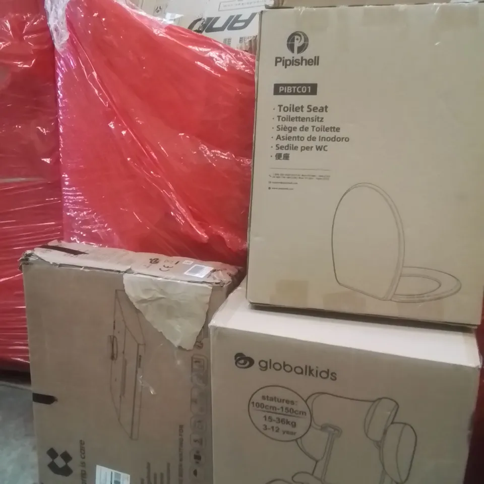 PALLET OF ASSORTED HOUSEHOLD GOODS AND PRODUCTS TO INCLUDE;KIDS CAR SEAT,TOILET SEAT,COOKER HOOD