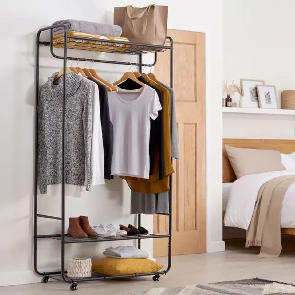 BOXED BLACK METAL CLOTHES RAIL WITH SHELVING (1 BOX)