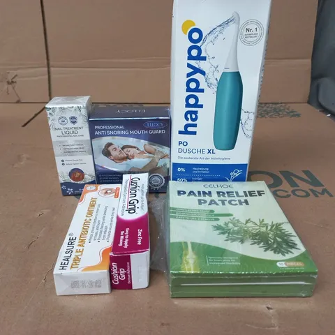 TOTE OF APPROXIMATELY 15 ASSORTED ITEMS TO INCLUDE PAIN RELIEF PATCH, ANTI SNORING MOUTH GUARD, NAIL TREATMENT LIQUID ETC