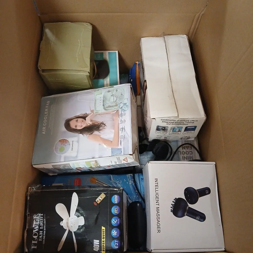 BOX F APPROXIMATELY 10 ASSORTED ITEMS INCLUDING A FLOWER FAN LIGHT, AN INTELLIGENT MASSAGER AND AN AIR MULTIPLIER