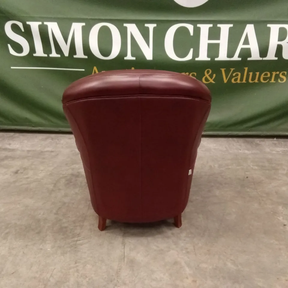 DESIGNER ITALIAN MADE BURGUNDY LEATHER & WOOD ARMCHAIR
