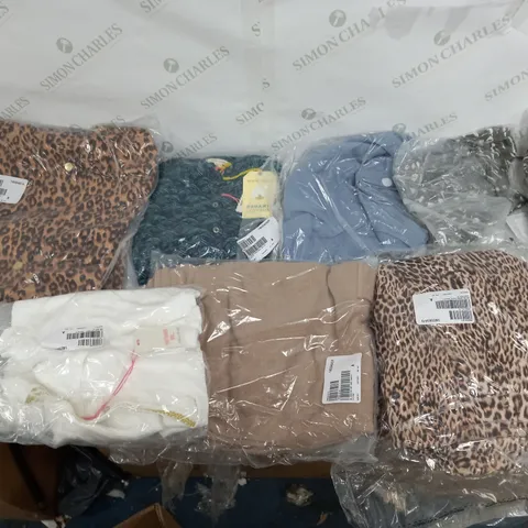 LARGE BOX OF ASSORTED CLOTHING ITEMS TOO INCLUDE TOPS , TROUSERS AND JUMPERS COMING IN DIFFERENT COLOURS AND SIZES 