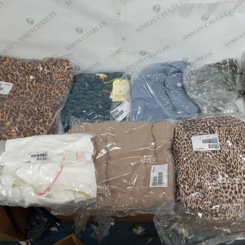 LARGE BOX OF ASSORTED CLOTHING ITEMS TOO INCLUDE TOPS , TROUSERS AND JUMPERS COMING IN DIFFERENT COLOURS AND SIZES 