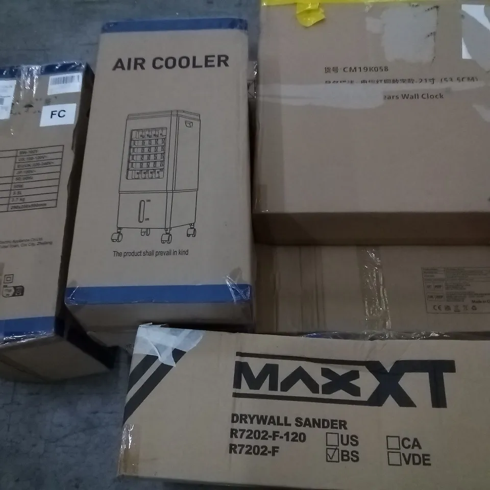 PALLET OF ASSORTED ITEMS TO INCLUDE AIR COOLERS, BOXED WALL CLOCK. DRYWALL SANDER AND LED MAKEUP MIRROR