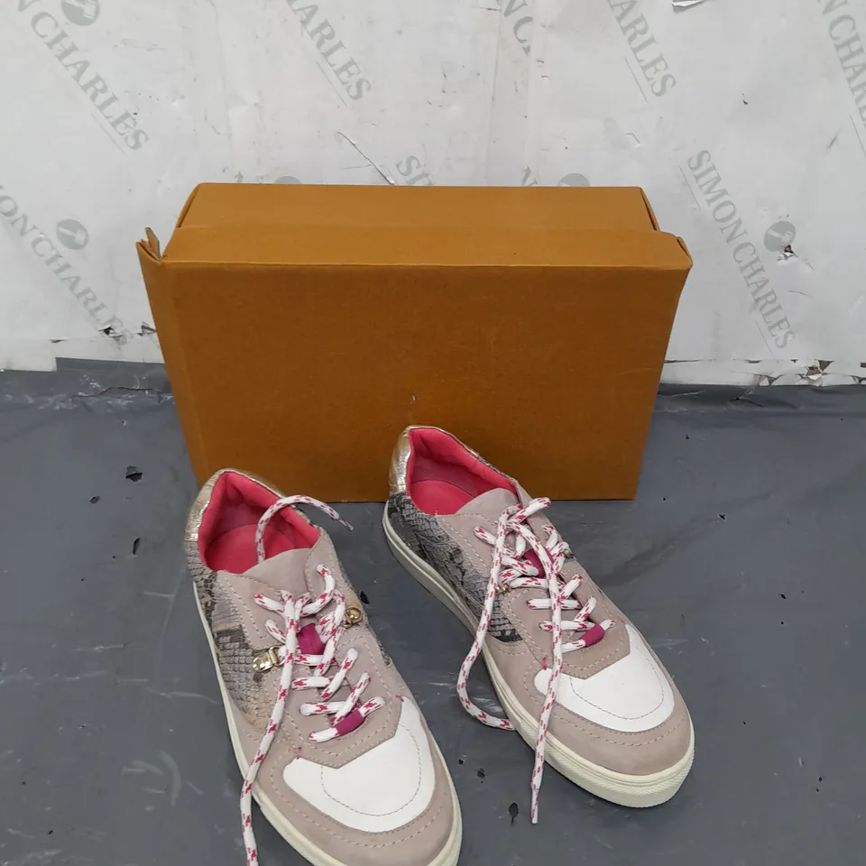 BOXED PAIR OF WHITE STUFF PINK/BROWN SNAKE PRINT TRAINERS SIZE 6