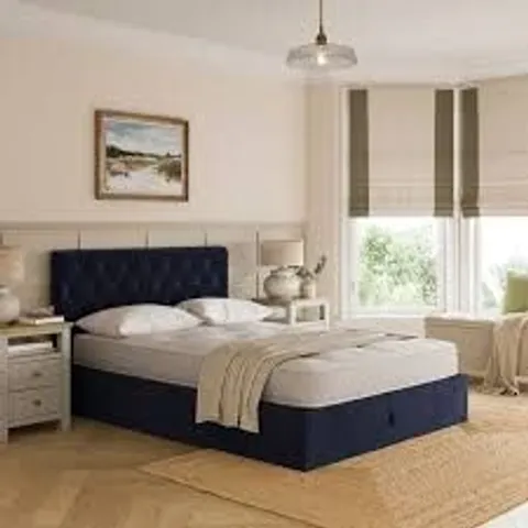 BOXED EMBERLY VELVET OTTOMAN DOUBLE SIZE BED FRAME - NAVY (3 BOXES)