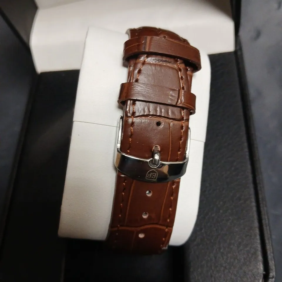 ERNEST FERDINAND QUARTZ WATCH – BLUE DIAL, ROMAN NUMERALS, BROWN LEATHER STRAP