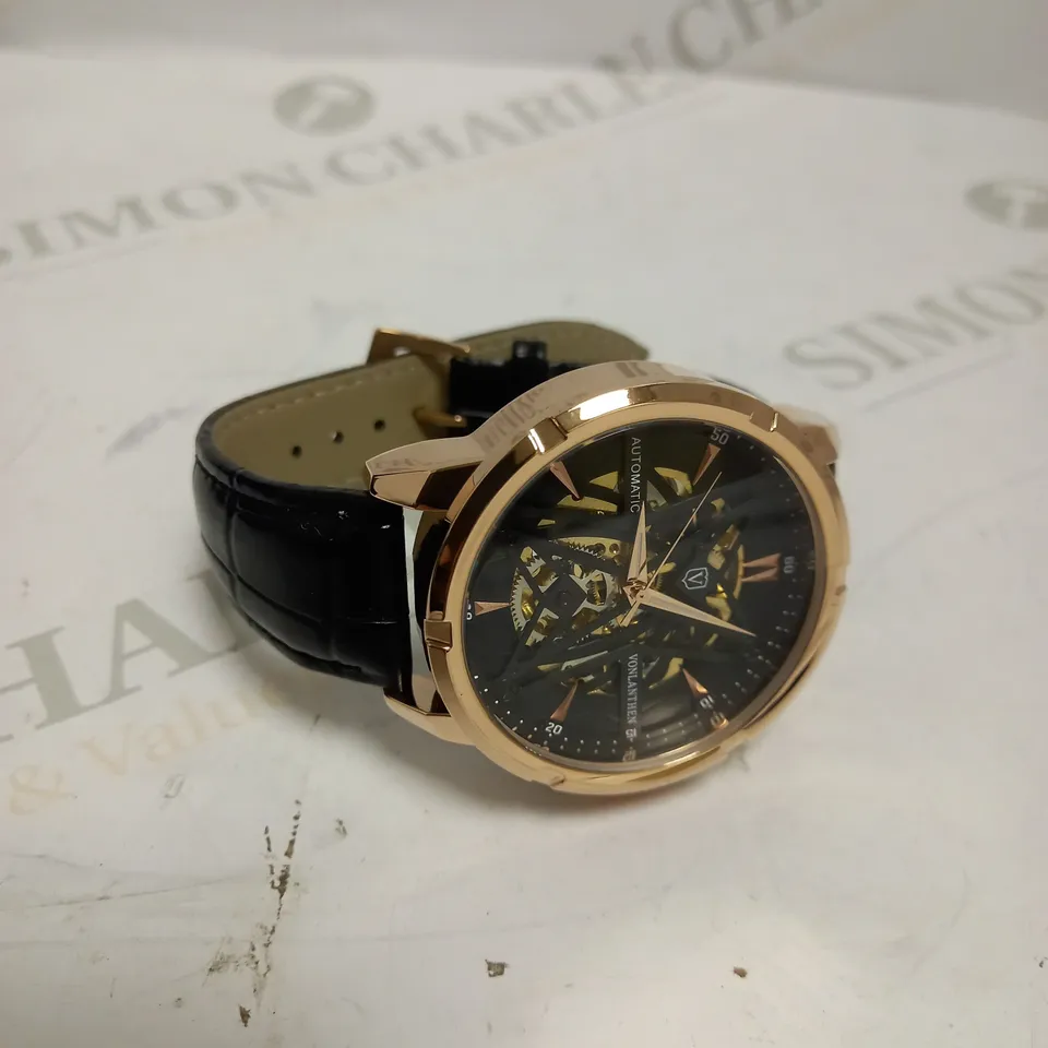 MENS VONLANTHEN AUTOMATIC SKELETON WATCH – V110 - GLASS EXHIBITION BACKCASE – BLACK LEATHER STRAP