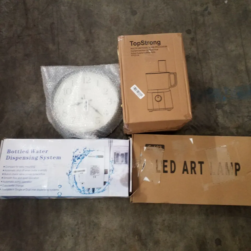 PALLET OF ASSORTED PRODUCTS INCLUDING LED ART LAMP, MULTIFUNCTIONAL FOOD PROCESSOR, WALL CLOCK, BOTTLED WATER DISPENSING SYSTEM