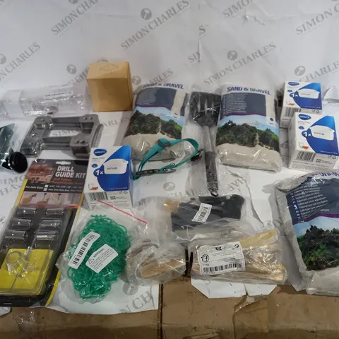 LOT OF APROXIMATELY 15 ASSORTED HOUSEHOLD ITEMS TO INCLUDE SAND AND GRAVEL, BRITA WATER PUMP, AND DRILL GUIDE KIT ETC.