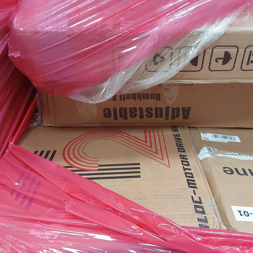 PALLET OF ASSORTED ITEMS INCLUDING: ROWING MACHINE, FOLDING EXERCISE BIKES, ADJUSTABLE DUMBELL SET ECT