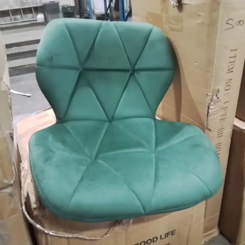 BOXED SET OF 2 DESIGNER GREEN VELVET BAR STOOLS, BLACK METAL LEGS (1 BOX)