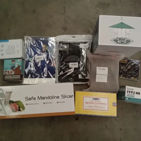 PALLET OF ASSORTED ITEMS INCLUDING SAFE MANDOLINE SLICER, BIRD FEEDER BROWN BEAR LIMESCALE REMOVER, NOTEBOOK AC ADAPTER, SEVEN CHAKRA INCENSE, DROP & SHOCK PROOF CASE