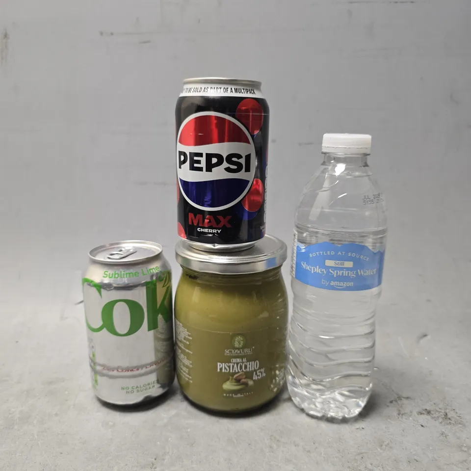 APPROXIMATELY 15 ASSORTED FOOD & DRINK ITEMS TO INCLUDE - PEPSI MAX CHERRY , AMAZON WATER , PISTACCHIO CREMA ETC
