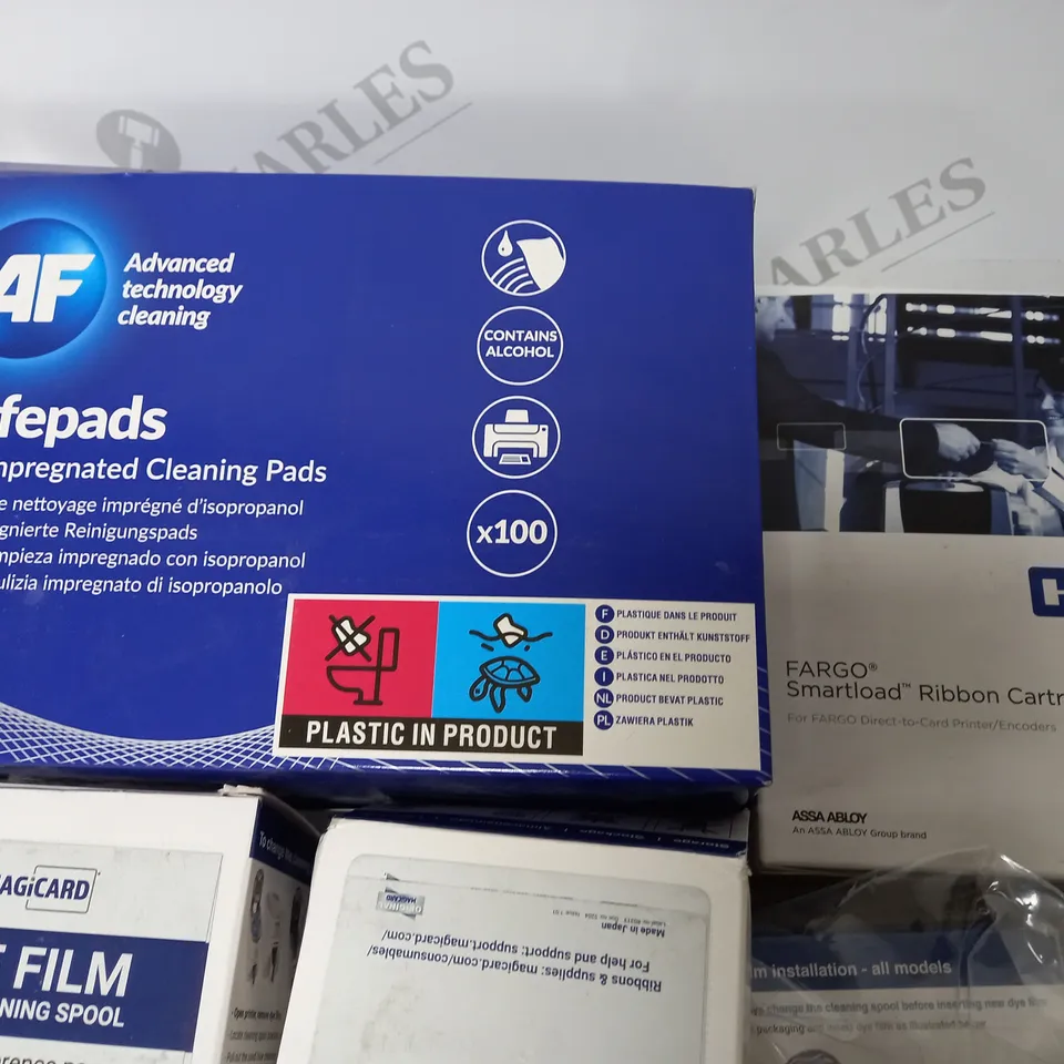 LOT OF 13 ASSORTED PRINTER ITEMS TO INCLUDE SMARTLOAD RIBBON CARTRIDGES, DYE FILM AND CLEANING PADS