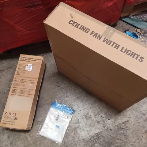 PALLET OF ASSORTED ITEMS INCLUDING - CEILING LIGHTS, KIDS SCOOTER, SEALANT BAGS