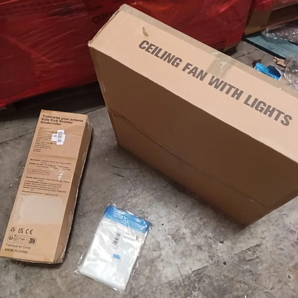 PALLET OF ASSORTED ITEMS INCLUDING - CEILING LIGHTS, KIDS SCOOTER, SEALANT BAGS