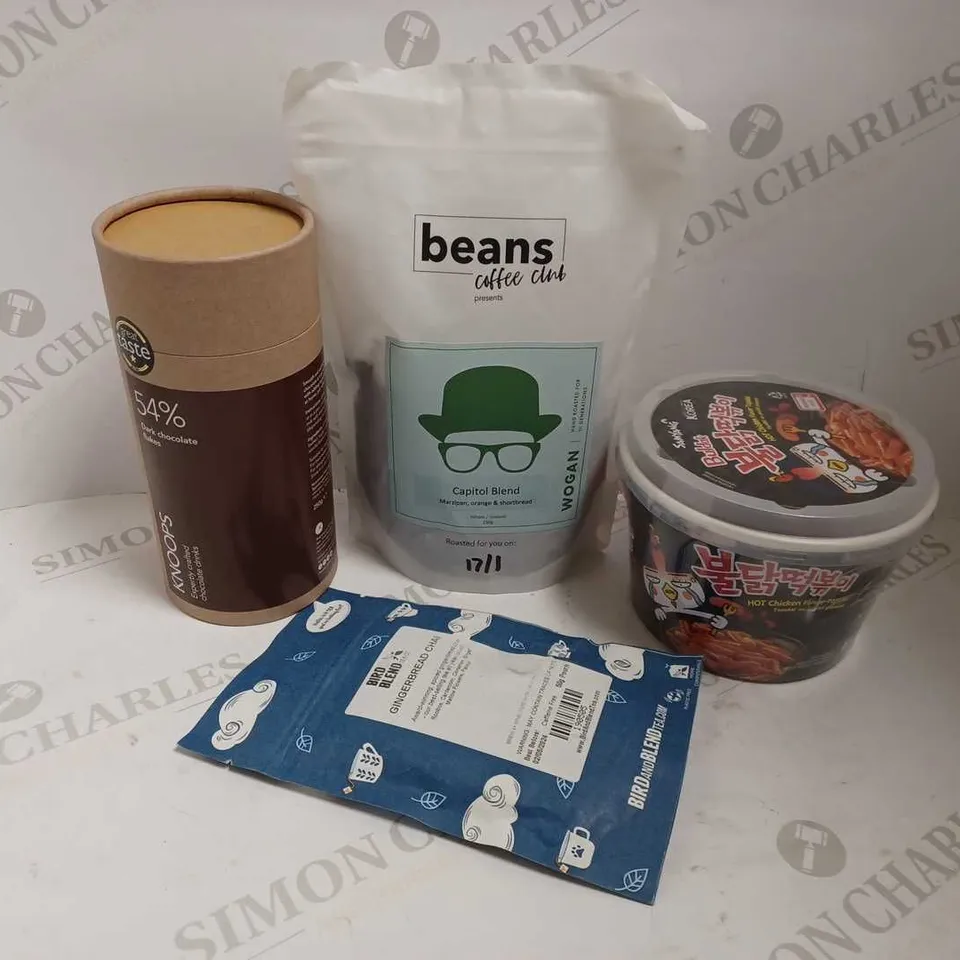 BOX OF APPROX 5 ITEMS TO INCLUDE BEANS COFFEE CLUB CAPITAL BLEND, KNOPPS CHOCOLATE DRINK, BIRD BLEND CINGERBREAD CHAI