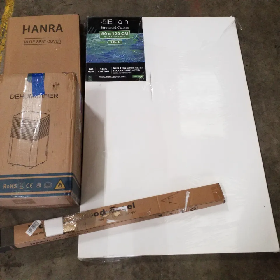 PALLET CONTAINING ASSORTED PRODUCTS INCLUDING 80×120CM STRETCHED CANVAS 3 PACK, DEHUMIDIFIER, MUTE SEAT COVER & WOODEN EASEL 