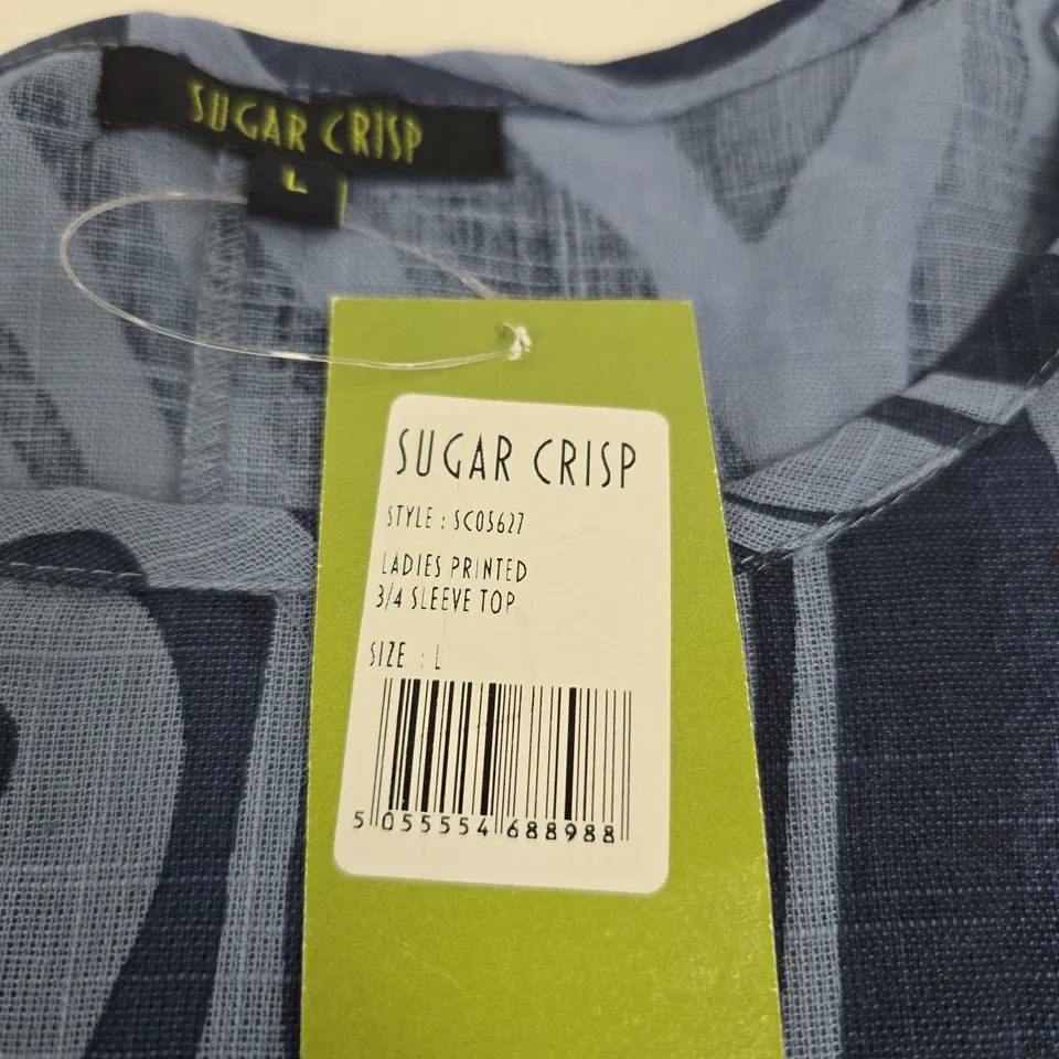 SUGAR CRISP LADIES PRINTED 3/4 SLEEVE TOP – BLUE ZEBRA PRINT – UK L