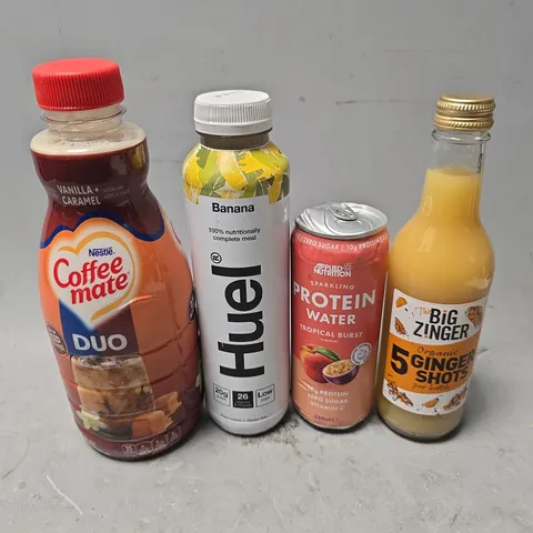 APPROXIMATELY 7 ASSORTED DRINKS ITEMS TO INCLUDE - HUEL BANANA , NESTLE COFFEE MATE , GINGER SHOTS ETC