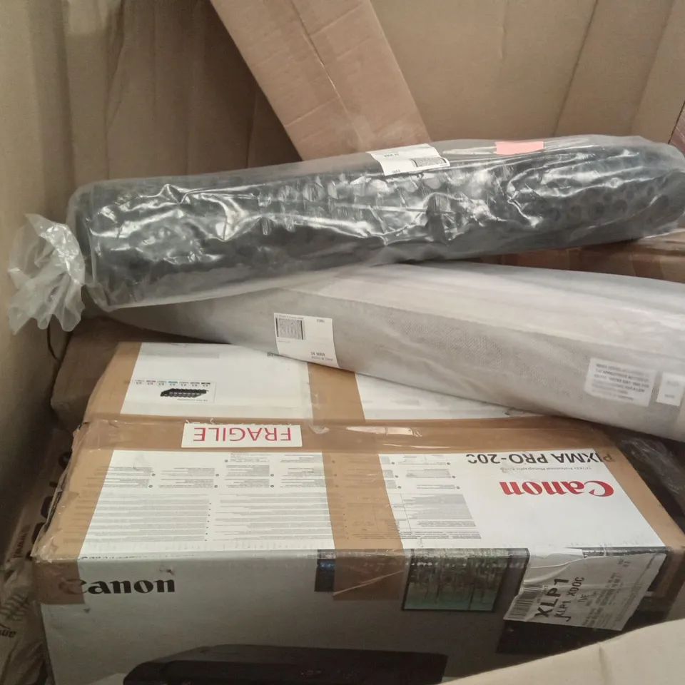 PALLET OF ASSORTED ITEMS INCLUDING SONGMICS BAMBOO SHELF, HI GEAR PICNIC TABLE, COLEMAN XTREME COOLER, CANON PIXMA PRO