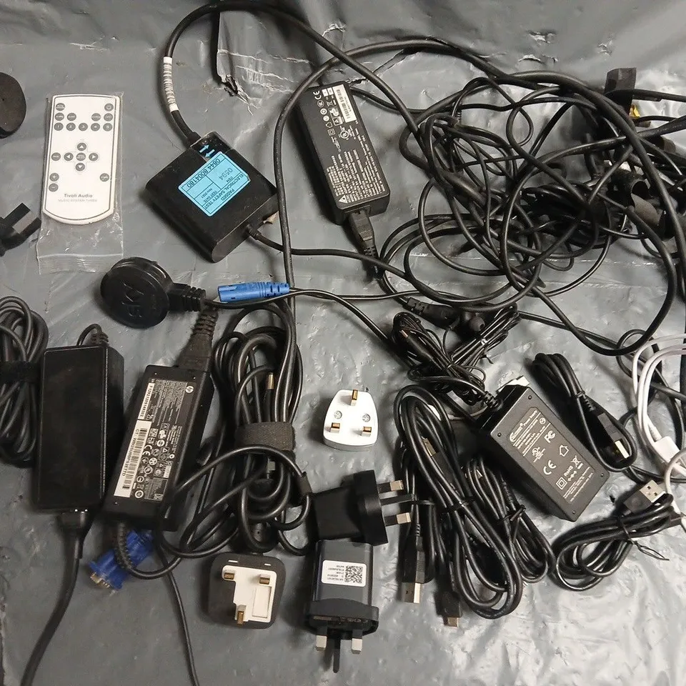 LOT OF ASSORTED CABLES, CHARGERS, PLUGS AND LEADS