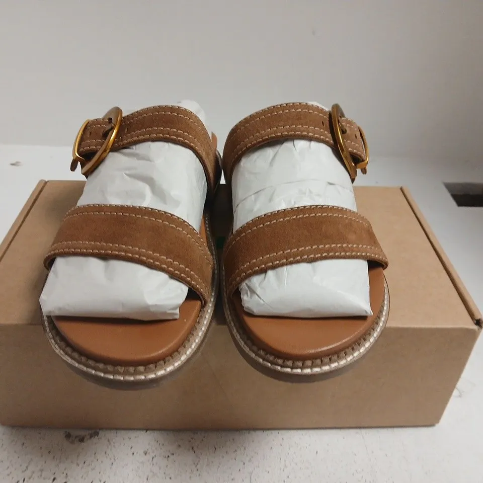 BOXED PAIR OF BODEN WOMEN'S BROWN LEATHER SANDALS, STRAPPY BUCKLE – UK 8.5