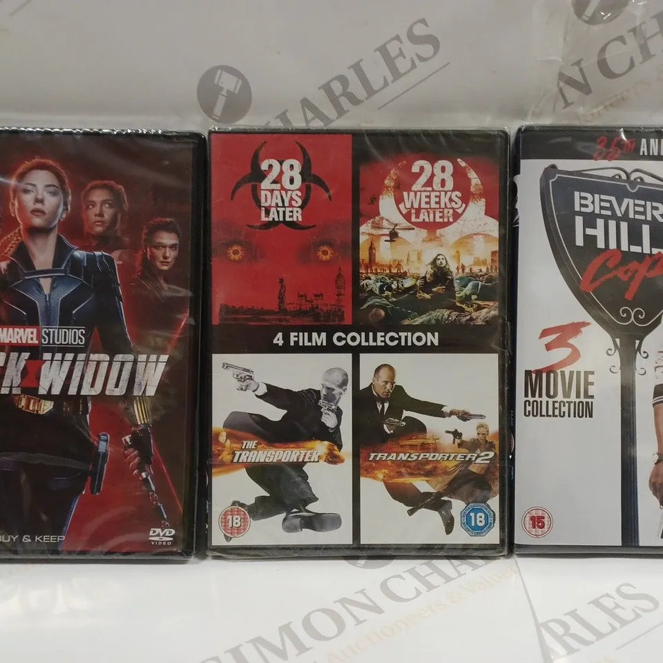 BOX OF APPROXIMATELY 15 ASSORTED DVDS TO INCLUDE 28 DAYS LATER COLLECTION, BLACK WIDOW, BEVERLY HILLS COP COLLECTION