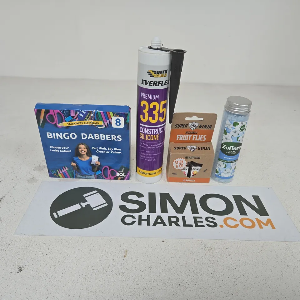 APPROXIMATELY 15 ASSORTED HOUSEHOLD PRODUCTS TO INCLUDE BINGO DABBERS, PREMIUM 335 CONSTRUCTION SILICONE AND ZOFLORA SCENT CRYSTALS