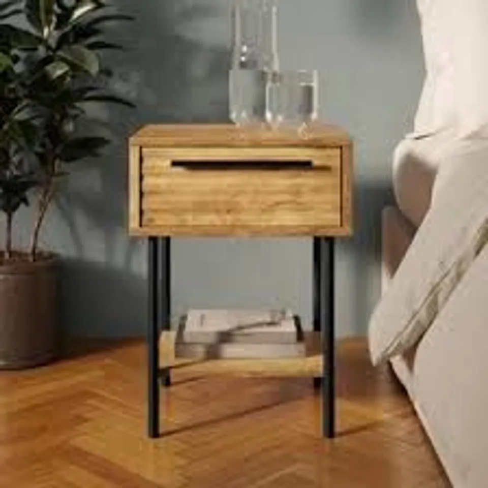 BOXED BRYANT 1 DRAWER BEDSIDE TABLE, MANGO WOOD EFFECT (1 BOX)