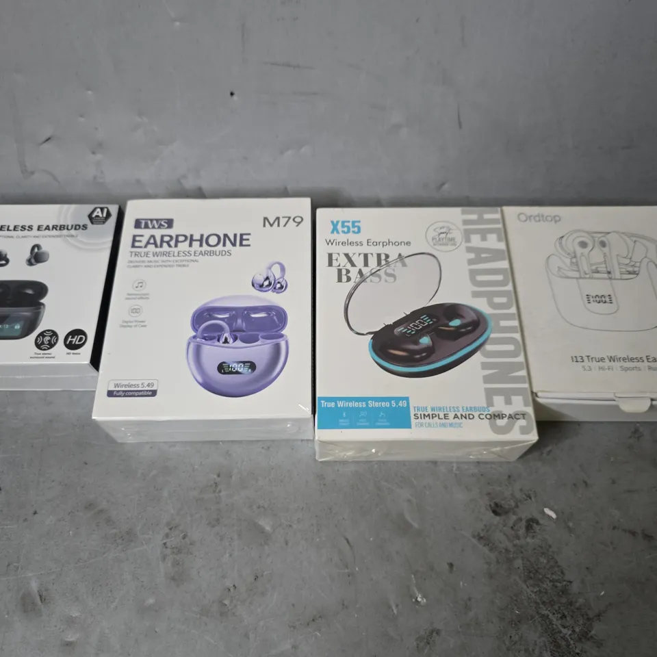 APPROXIMATELY 12 ASSORTED ITEMS TO INCLUDE - X55 WIRELESS EARBUDS , ORDTOP TRUE WIRELESS EARBUDS , TWS EARPHONE M79 ETC