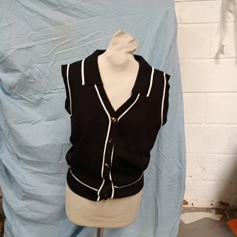 KATE AND PIPPA BLACK KNIT CARDIGAN WITH WHITE PIPING, WOMEN'S, SIZE L