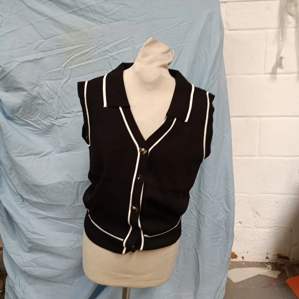KATE AND PIPPA BLACK KNIT CARDIGAN WITH WHITE PIPING, WOMEN'S, SIZE L