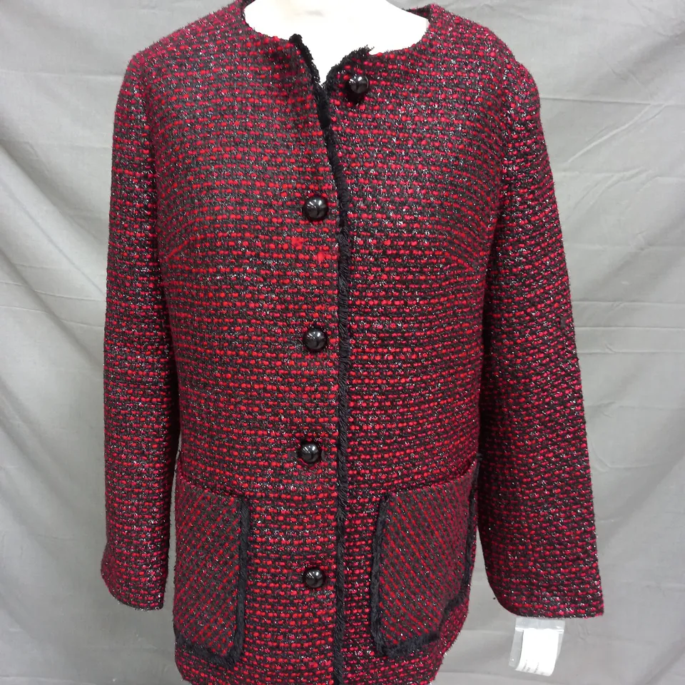 HELENE BERMAN TWEED JACKET IN RED/BLACK SIZE 10