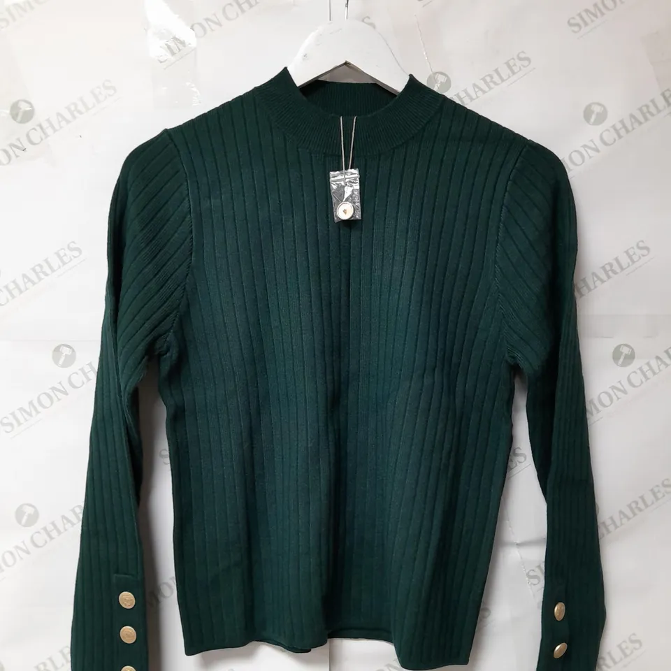 APRICOT LADIES JUMPER WITH BUTTON DETAIL ON THE SLEEVES. DARK GREEN SIZE 12