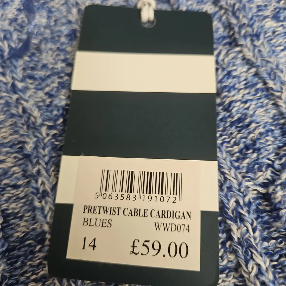 PRETWIST CABLE CARDIGAN – BLUES, WOMEN'S KNITWEAR, SIZE 14