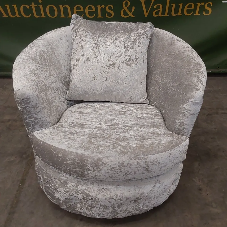 QUALITY DESIGNER CRUSHED VELVET 360° SWIVEL CUDDLE CHAIR - SILVER