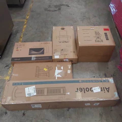 PALLET OF ASSORTED ITEMS INCLUDING: HIGH PRESSURE WASHER, LED MONITOR, 36" TRAMPOLINE, SHELVES ECT