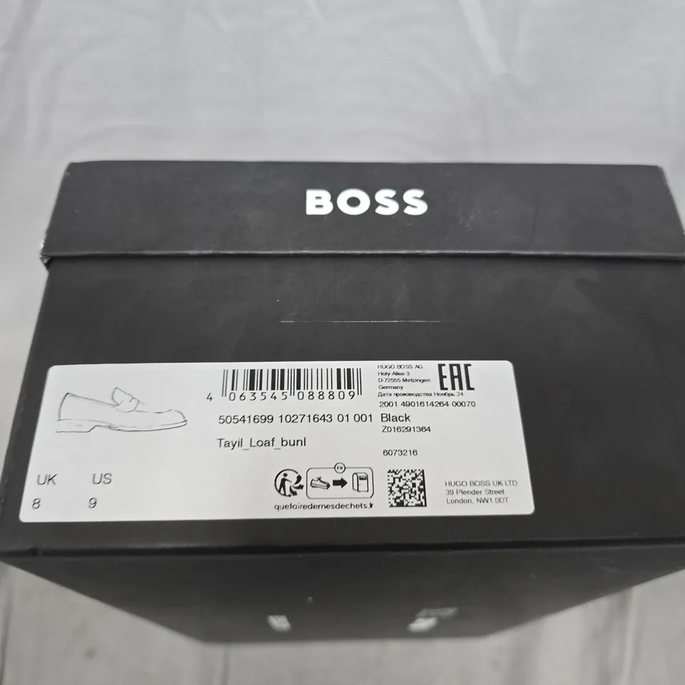BOXED PAIR OF HUGO BOSS BLACK LEATHER PENNY LOAFERS – MEN'S, UK 8