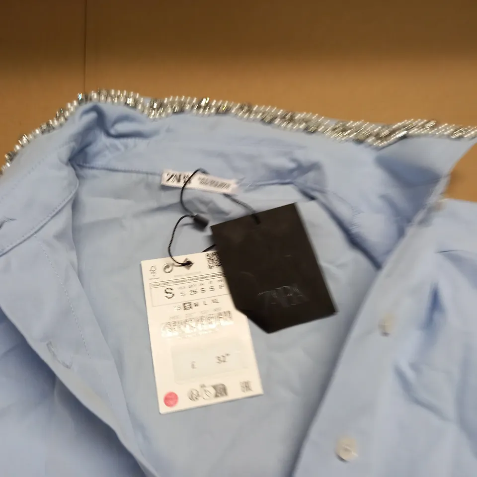 ZARA BLUE EMBELLISHED COLLAR SHIRT - UK S