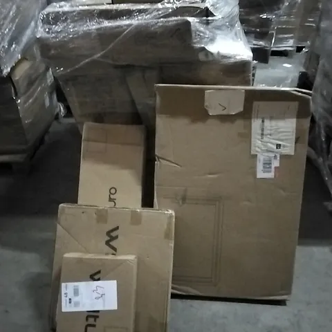 PALLET OF HOUSEHOLD ITEMS TO INCLUDE FLOATING SHELF- WHITE, MIRROR, TABLE SND AND OTHER ASSORTED ITEMS...