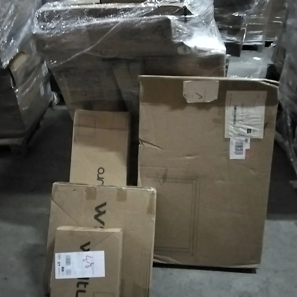 PALLET OF HOUSEHOLD ITEMS TO INCLUDE FLOATING SHELF- WHITE, MIRROR, TABLE SND AND OTHER ASSORTED ITEMS...