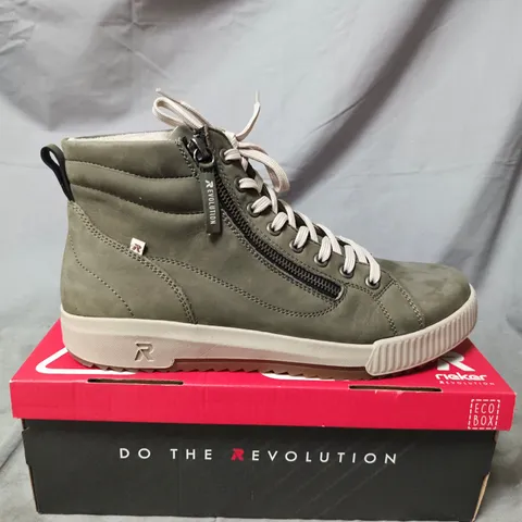 BOXED PAIR OF RIEKER REVOLUTION HIGH-TOP SNEAKER – OLIVE GREEN / GREY - SIZE 40