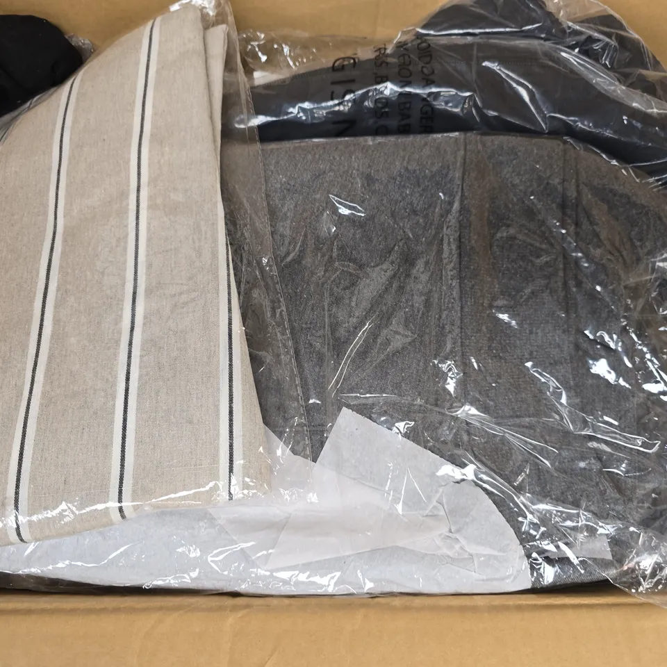 BOX OF APPROXIMATELY 10 ASSORTED CLOTHING ITEMS IN VARIOUS STYLES, SIZES, AND COLOURS