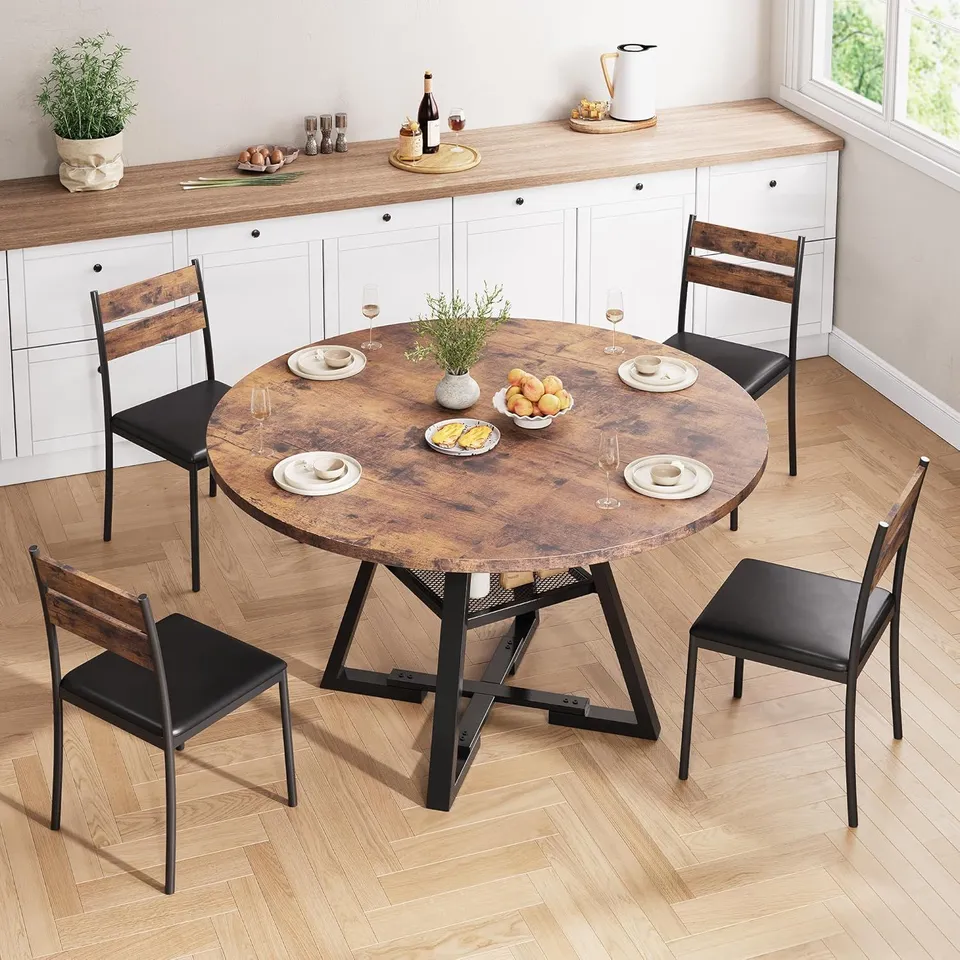 BOXED JOCOEVOL ROUND DINING TABLE WITH SHELVES, CIRCLE KITCHEN TABLE FOR 2-4 PEOPLE, SPACE SAVING WOOD KITCHEN & DINING ROOM FURNITURE, RUSTIC BROWN, 42 INCH (ONLY TABLE)