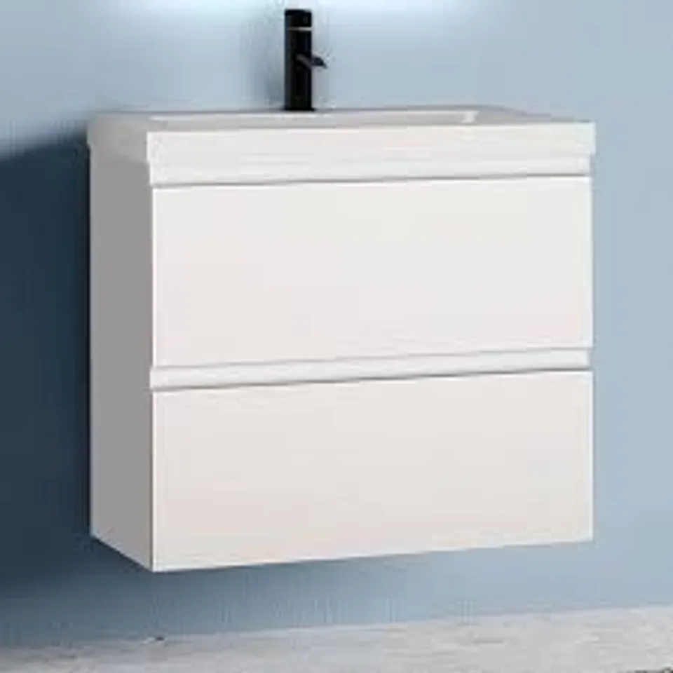 BOXED 600MM MODERN WHITE BATHROOM VANITY UNIT WITH 2 SOFT-CLOSE DRAWERS (1 BOX)