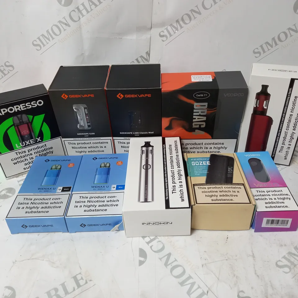 BOX OF APPROXIMATELY 10 ASSORTED E-CIG PRODUCTS TO INCLUDE VAPORESSO, GEEKVAPE, INNOKIN 