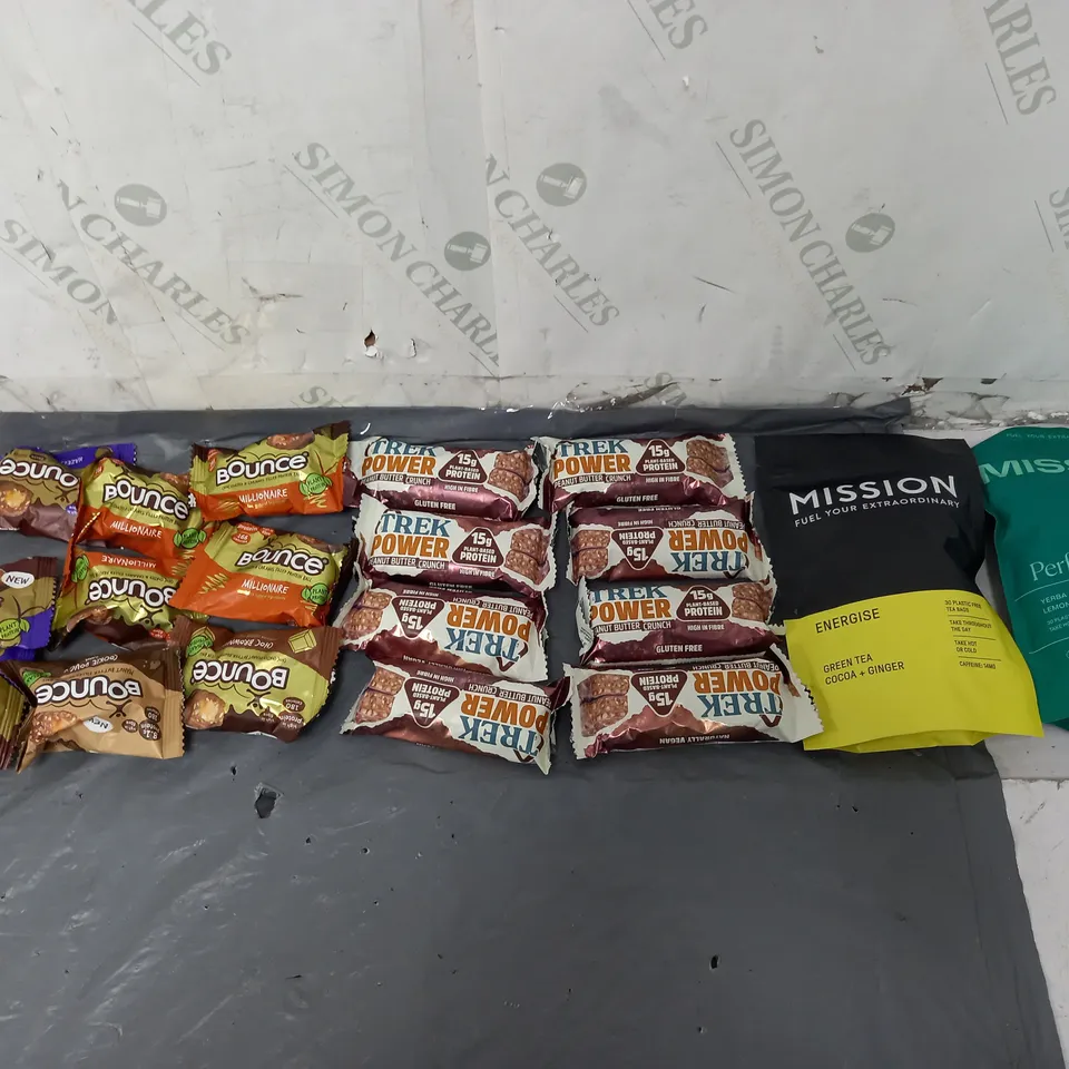 APPROXIMATELY 8 ASSORTED FOOD ITEMS TO INCLUDE - MISSION TEA, TREK POWER BARS, AND BOUNCE BITES ETC.