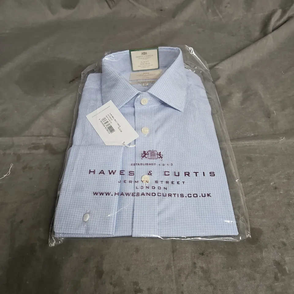 HAWES & CURTIS SLIM FIT NON-IRON SEMI CUTAWAY COLLAR DOUBLE CUFF SHIRT IN NAVY & BLUE CHECK SIZE 15.5/34